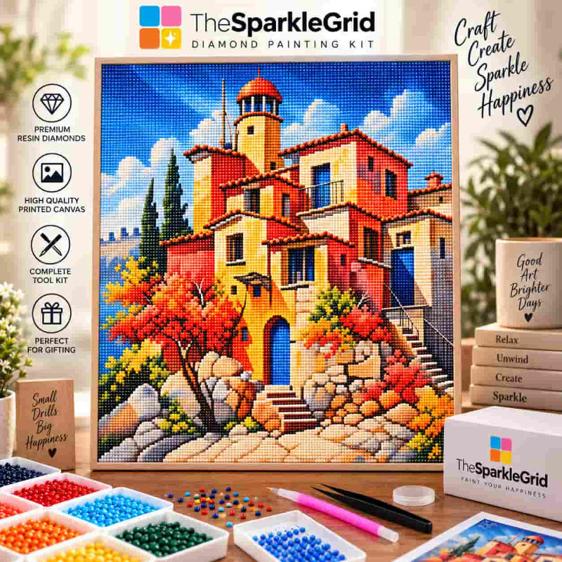 TheSparkleGrid diamond painting kit featuring a colorful Mediterranean village artwork, premium resin diamonds, painting tools, drill trays, and branded packaging.