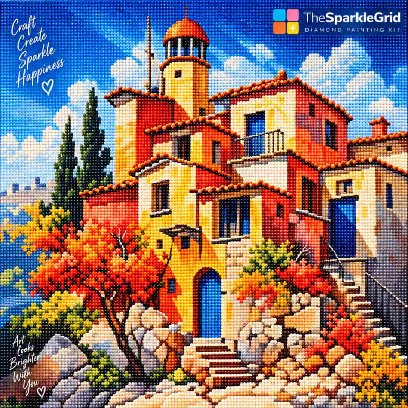 TheSparkleGrid diamond painting of a colorful Mediterranean hillside village with a lighthouse tower, blue sky, vibrant flowers, and sparkling resin diamond drills.