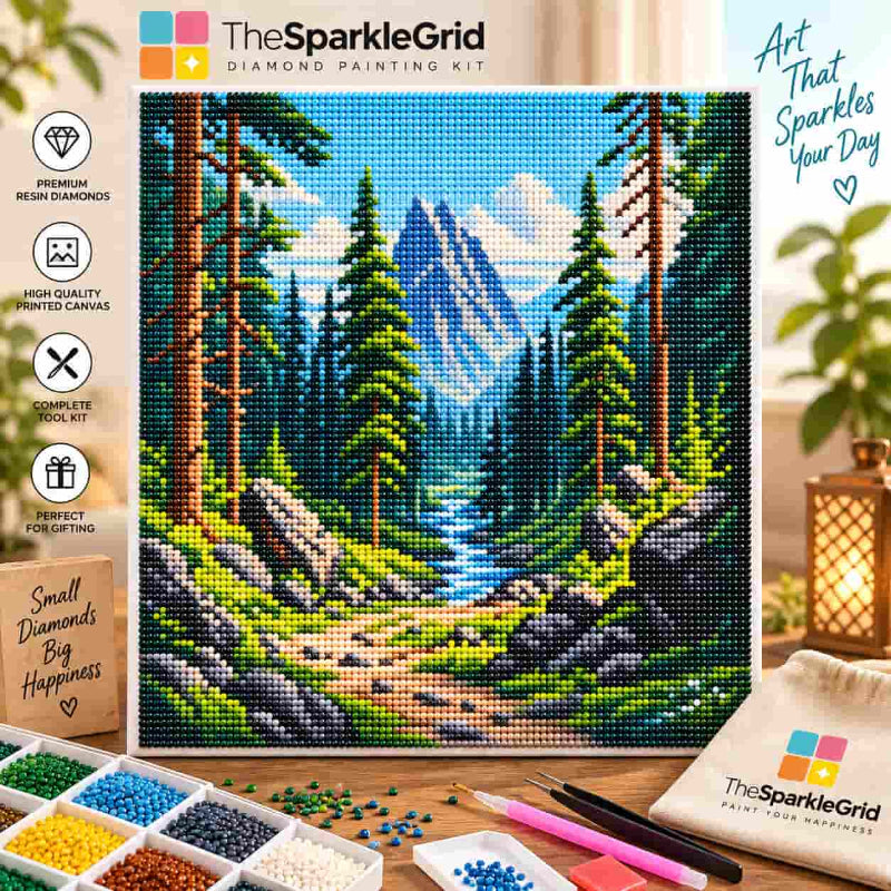TheSparkleGrid diamond painting kit featuring a sparkling mountain forest landscape with pine trees, river, rocks, and blue mountain peaks, displayed with colorful resin diamonds and complete painting tools.