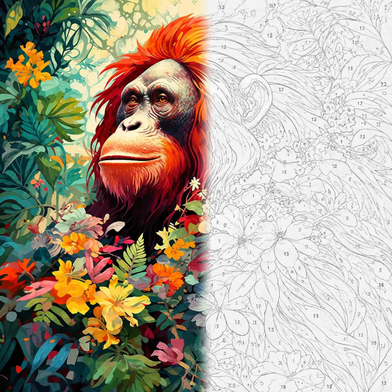 TheSparkleGrid orangutan and tropical flowers artwork shown half as a colorful finished painting and half as a numbered paint by numbers canvas, featuring vibrant red-orange fur, jungle foliage, and colorful flowers