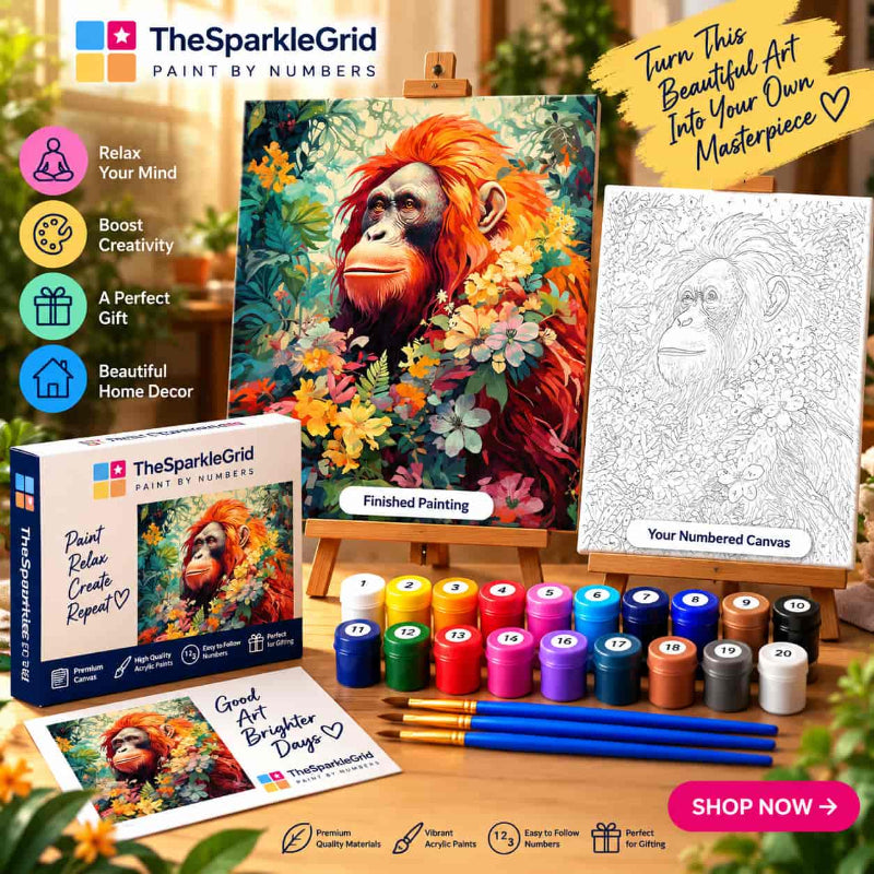 TheSparkleGrid orangutan paint by numbers kit promotional image featuring a finished tropical orangutan painting, numbered canvas, colorful acrylic paint pots, brushes, branded product box, and creative workspace