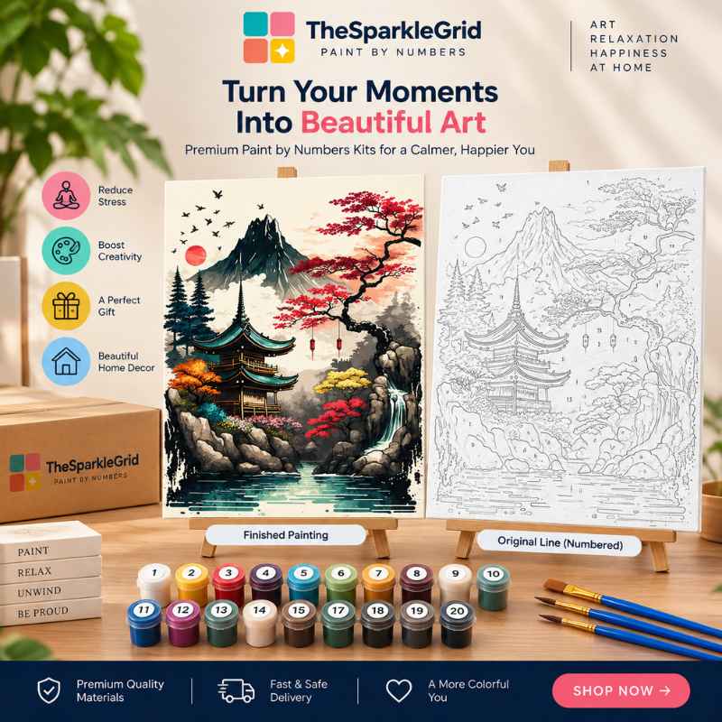 TheSparkleGrid Instagram promotional graphic showing a Japanese-inspired paint by numbers canvas, half-finished numbered artwork, paint pots, brushes, branded packaging, and creative painting benefits.