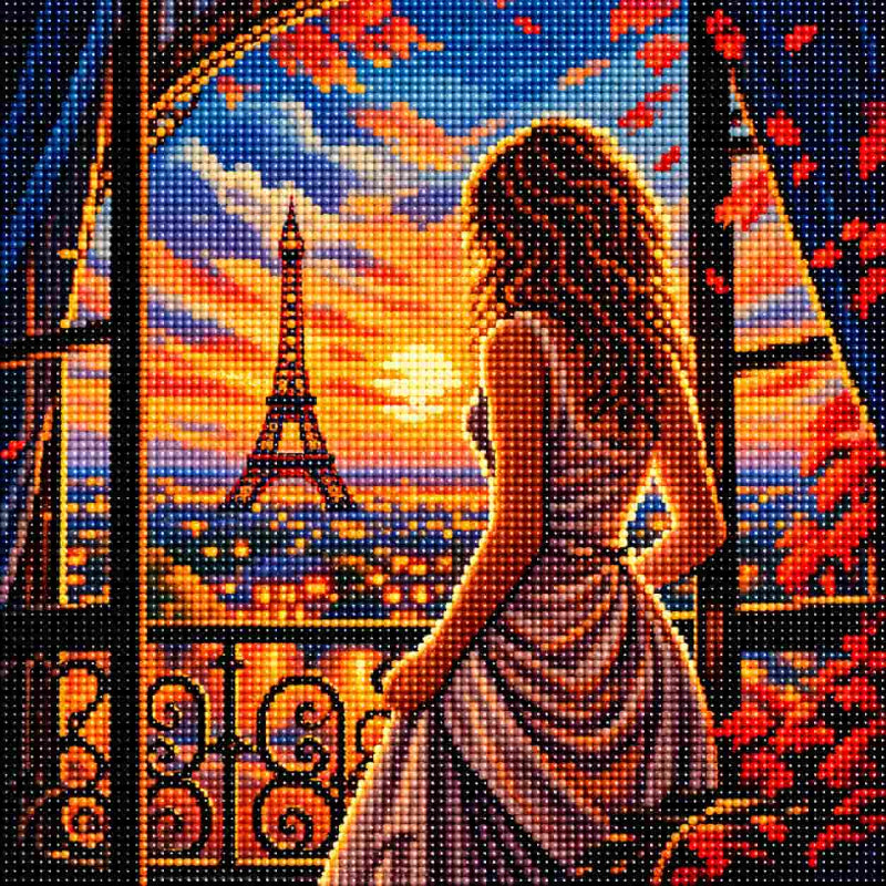 TheSparkleGrid diamond painting featuring a woman viewing the Eiffel Tower at sunset from a balcony, recreated with sparkling resin diamond drills and warm Paris city lights.