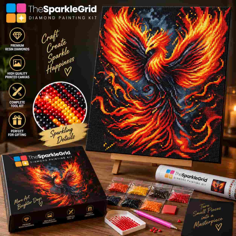 TheSparkleGrid phoenix diamond painting kit featuring a finished fiery phoenix artwork, colorful resin diamonds, complete tools, premium packaging, and sparkling diamond details.