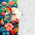 TheSparkleGrid pig and floral garden artwork shown half as a colorful finished painting and half as a numbered paint by numbers canvas, featuring a pale pig surrounded by vibrant flowers and lush green foliage