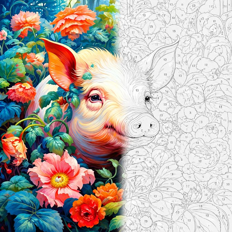 TheSparkleGrid pig and floral garden artwork shown half as a colorful finished painting and half as a numbered paint by numbers canvas, featuring a pale pig surrounded by vibrant flowers and lush green foliage