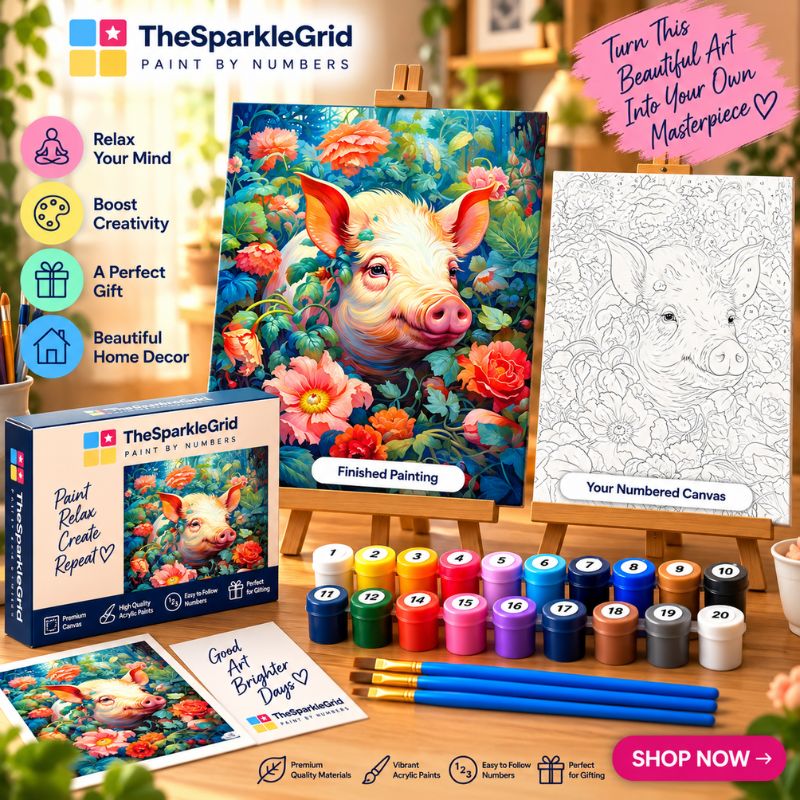 TheSparkleGrid pig paint by numbers kit promotional image featuring a finished floral pig painting, numbered canvas, colorful acrylic paint pots, brushes, branded box, and creative workspace