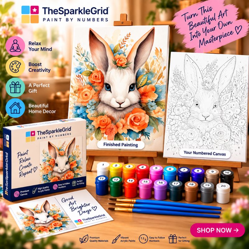 TheSparkleGrid rabbit paint by numbers kit promotional image featuring a finished floral rabbit painting, numbered canvas, colorful acrylic paint pots, brushes, branded product box, and creative workspace