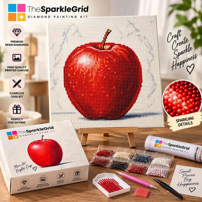 TheSparkleGrid red apple diamond painting kit featuring a completed apple artwork made with colorful resin diamond drills, premium printed canvas, diamond painting tools, drill packets, and gift-ready packaging.