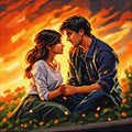 TheSparkleGrid diamond painting kit featuring a romantic couple sitting together at sunset, recreated with sparkling faceted resin diamonds in warm orange, golden yellow and deep blue tones, with colour-coded diamond beads and painting tools.