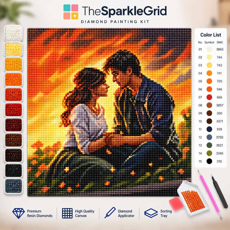 TheSparkleGrid diamond painting artwork featuring a romantic couple sitting together at sunset, recreated with sparkling faceted resin diamonds in warm orange, gold and deep blue tones.