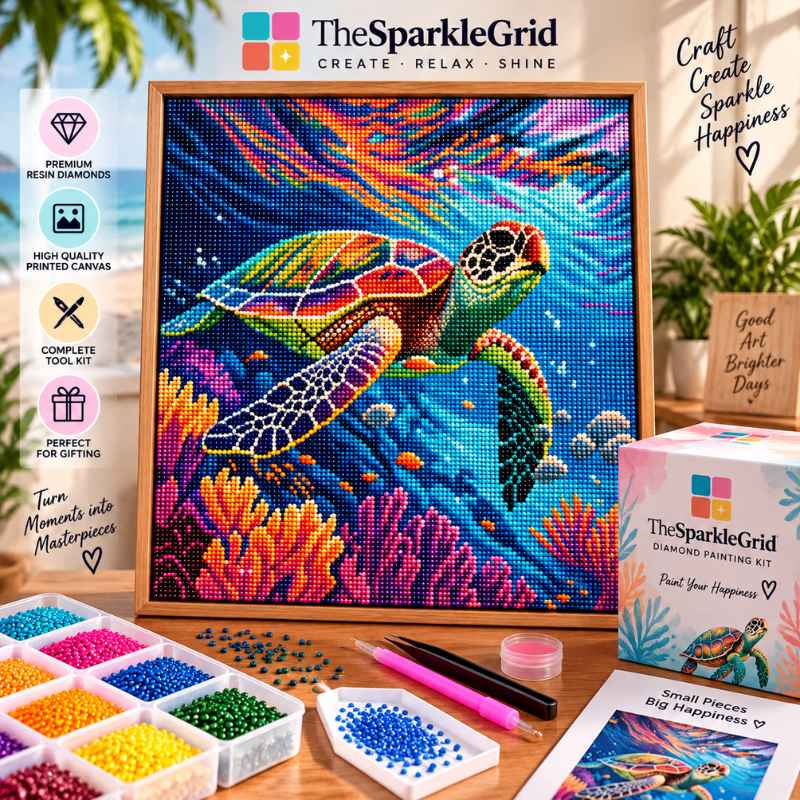 TheSparkleGrid sea turtle diamond painting kit featuring a framed ocean artwork, colorful resin diamonds, diamond painting tools, canvas, and branded packaging.