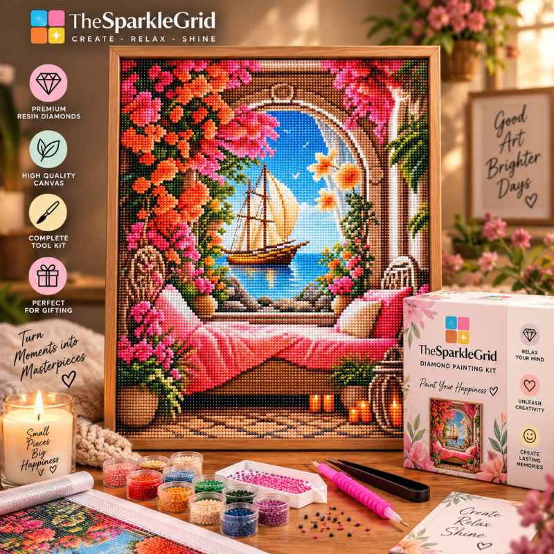 TheSparkleGrid branded seaside sailboat diamond painting kit featuring sparkling resin drills, colorful floral artwork, diamond painting tools, and a cozy Mediterranean-inspired setting.