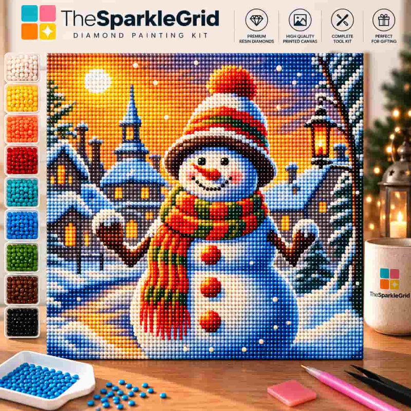 TheSparkleGrid diamond painting kit featuring a colorful snowman winter village artwork, sparkling resin diamonds, diamond trays, painting tools, and branded product setup.