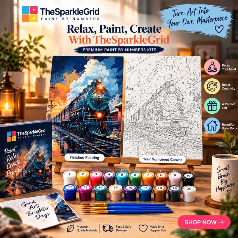 TheSparkleGrid Paint by Numbers kit displayed on a wooden table with a finished painting of a steam train, an unnumbered canvas, multiple paint pots, brushes, and promotional text. The scene is styled in a cozy indoor setting with warm lighting and home decor elements.