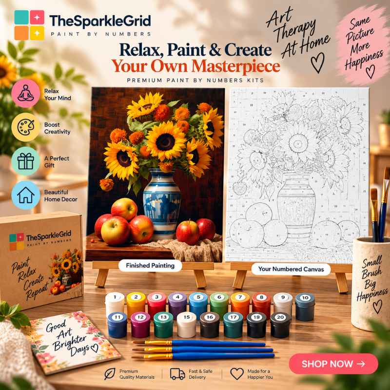 The Sparkle Grid art painting by numbers kit shown in a styled home-art setting. The image features a before-and-after comparison of a sunflower painting, a numbered canvas, a set of 16 paint cups, paintbrushes, and packaging on a wooden table, with promotional text overlays.