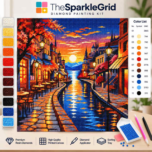 TheSparkleGrid diamond painting kit featuring a glowing sunset canal town with colourful buildings, café lights, distant mountains and sparkling water reflections, shown with diamond beads and painting tools.