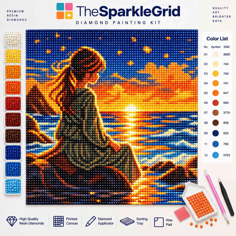 TheSparkleGrid diamond painting kit featuring a woman watching a golden sunset over the ocean, recreated with sparkling resin diamonds, colour beads, DMC chart and painting tools.