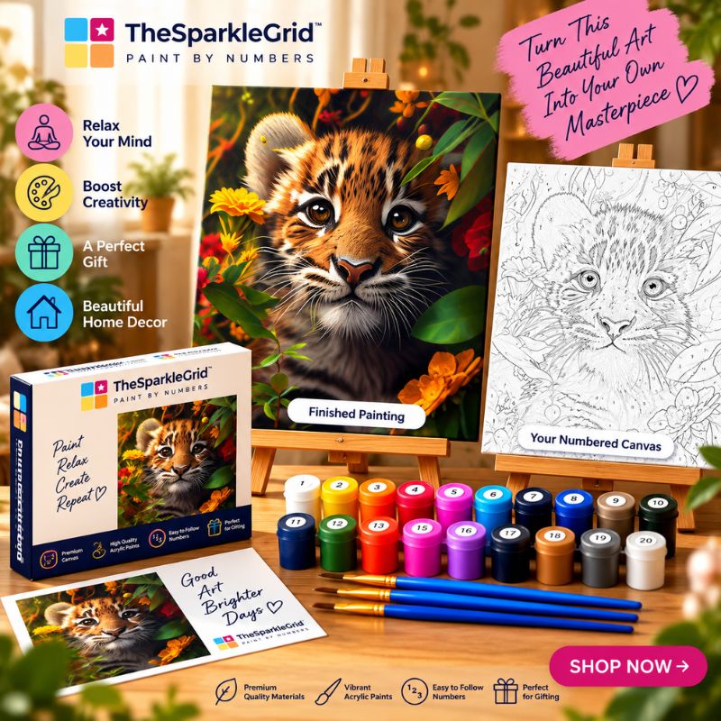 TheSparkleGrid tiger paint by numbers kit promotional image featuring a finished tiger painting, numbered canvas, colorful acrylic paints, paint brushes, branded packaging, and creative workspace