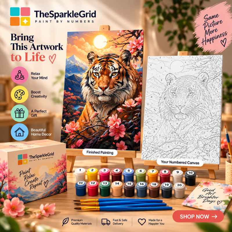 TheSparkleGrid tiger paint by numbers kit with finished artwork, numbered canvas, paint pots, brushes, and branded packaging