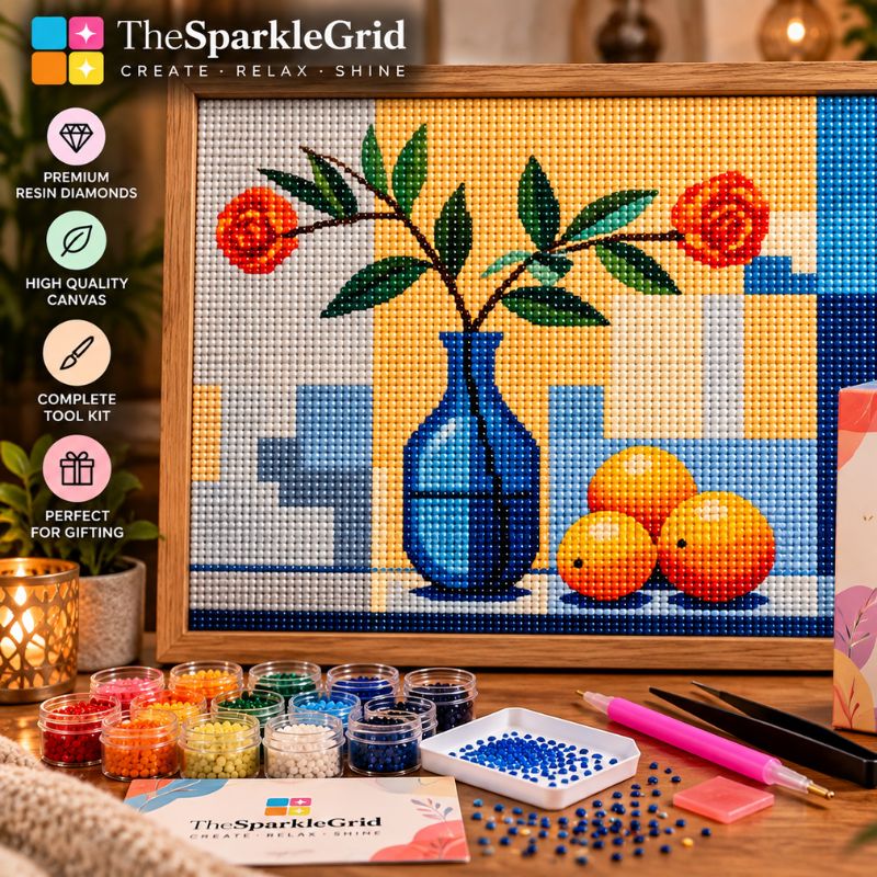 TheSparkleGrid diamond painting kit featuring a framed vase and flowers artwork with colorful citrus fruits, premium resin diamonds, complete tools, drill containers, and branded packaging on a cozy craft table.