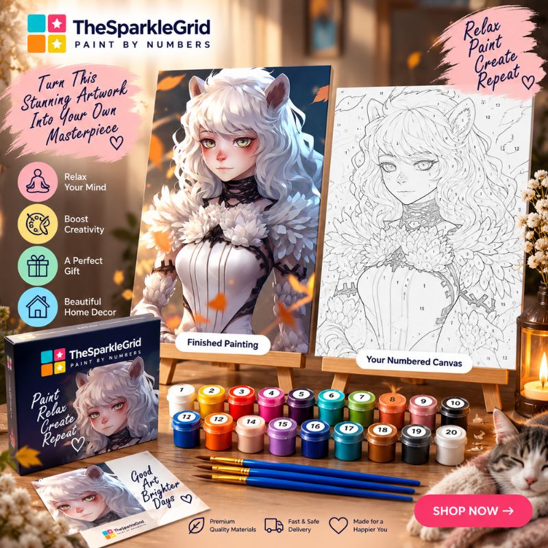TheSparkleGrid paint by numbers kit featuring a white-haired cat-eared fantasy girl, finished artwork, numbered canvas, colorful paint pots, brushes and branded packaging