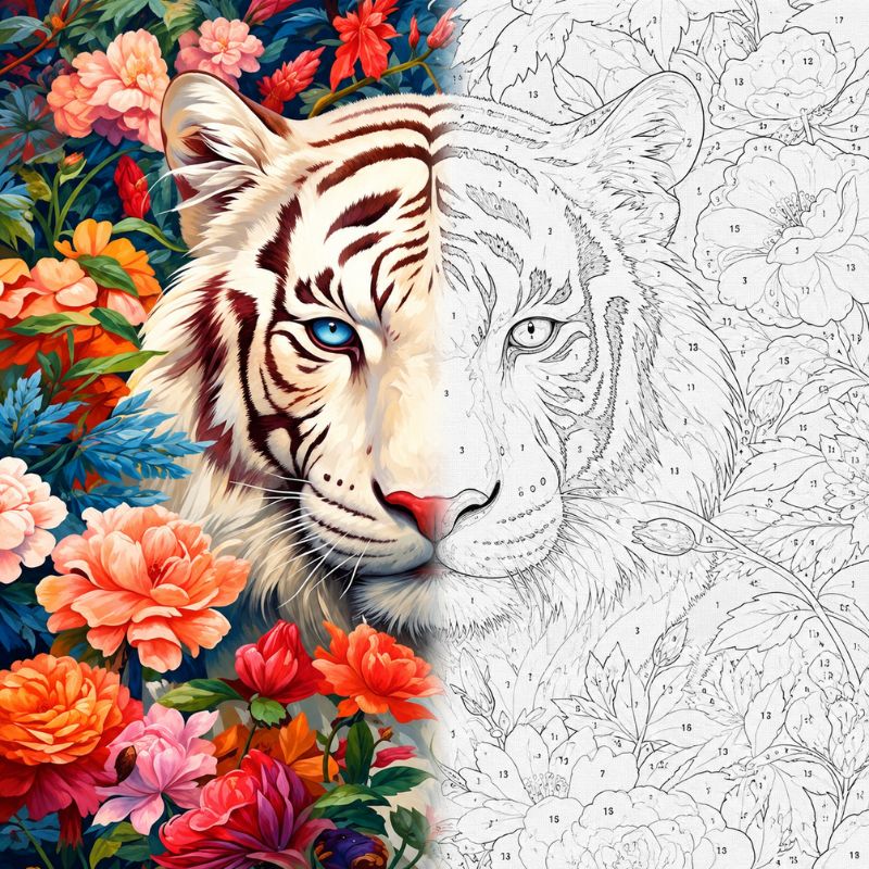 TheSparkleGrid white tiger floral artwork shown half as a colorful finished painting and half as a numbered paint by numbers canvas, featuring blue eyes, detailed tiger stripes, and vibrant flowers