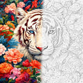 TheSparkleGrid white tiger floral artwork shown half as a colorful finished painting and half as a numbered paint by numbers canvas, featuring blue eyes, detailed tiger stripes, and vibrant flowers