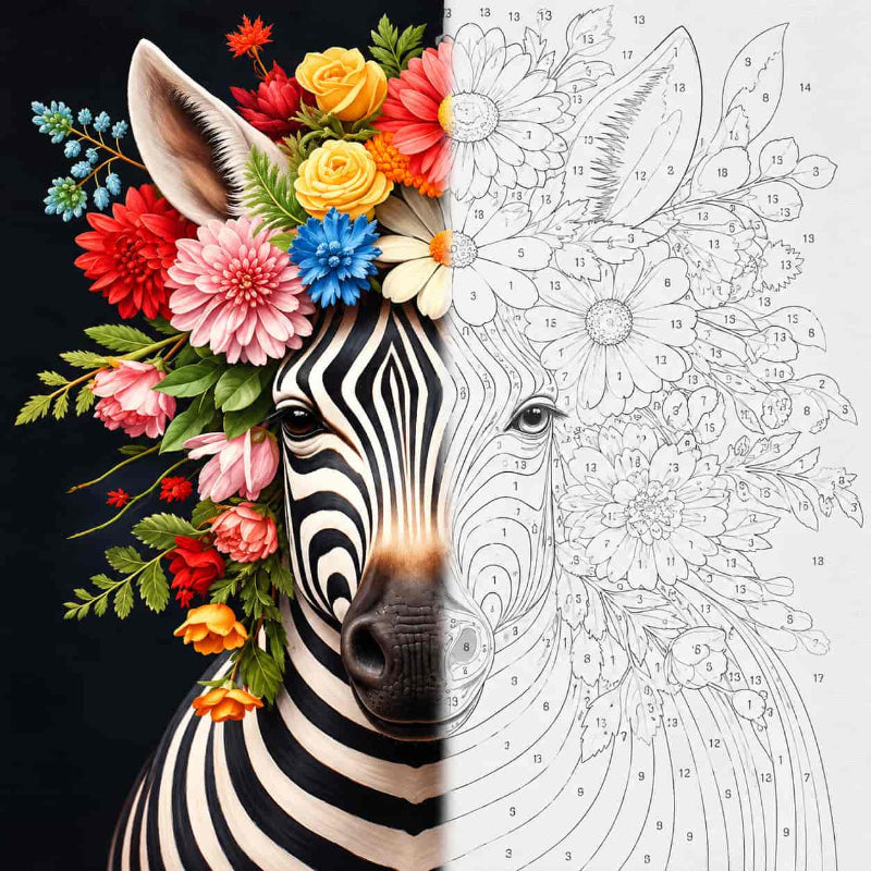 TheSparkleGrid zebra with colorful flower crown shown half as a finished artwork and half as a numbered paint by numbers canvas, featuring detailed zebra stripes, vibrant flowers, and green leaves