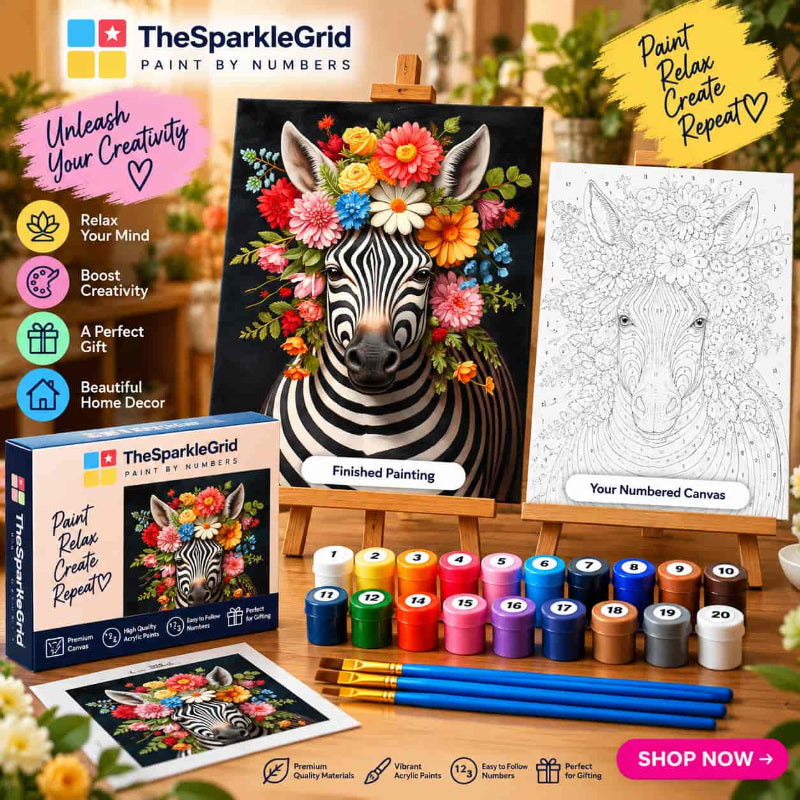 TheSparkleGrid zebra paint by numbers kit promotional image featuring a finished zebra flower crown painting, numbered canvas, colorful acrylic paint pots, brushes, branded box, and creative workspace