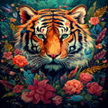 Colorful tiger portrait surrounded by tropical flowers and lush foliage, vibrant wildlife artwork for a paint by numbers kit