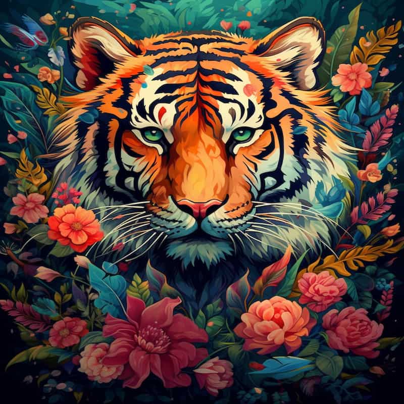 Colorful tiger portrait surrounded by tropical flowers and lush foliage, vibrant wildlife artwork for a paint by numbers kit