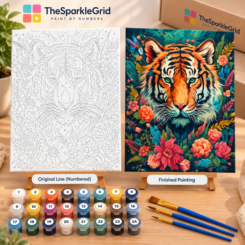 TheSparkleGrid paint by numbers kit featuring a vibrant tiger surrounded by colorful flowers, with a numbered outline canvas, paint pots, and brushes displayed on a wooden table.