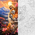 Tiger paint by numbers canvas featuring a detailed tiger surrounded by pink cherry blossoms, mountains, and sunset scenery

A split visual showing a painted tiger in a scenic mountain landscape on the left and the same tiger rendered as a black-and-white numbered coloring page on the right, suggesting a paint-by-numbers art product.