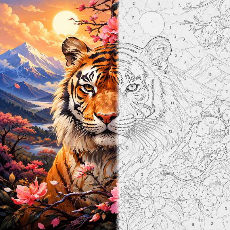 Tiger paint by numbers canvas featuring a detailed tiger surrounded by pink cherry blossoms, mountains, and sunset scenery

A split visual showing a painted tiger in a scenic mountain landscape on the left and the same tiger rendered as a black-and-white numbered coloring page on the right, suggesting a paint-by-numbers art product.