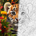 TheSparkleGrid tiger artwork shown half as a colorful finished painting and half as a numbered paint by numbers canvas, featuring a detailed tiger surrounded by vibrant flowers and green foliage