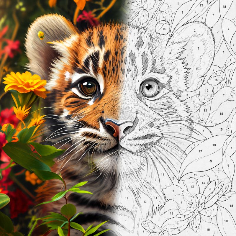 TheSparkleGrid tiger artwork shown half as a colorful finished painting and half as a numbered paint by numbers canvas, featuring a detailed tiger surrounded by vibrant flowers and green foliage