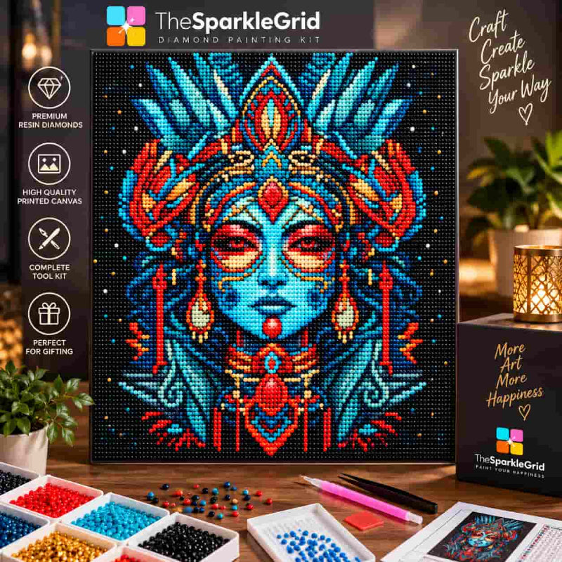 Vibrant fantasy goddess portrait with turquoise skin, red and blue ornate details, jewelry, and elaborate headdress recreated as a sparkling diamond painting by TheSparkleGrid.
