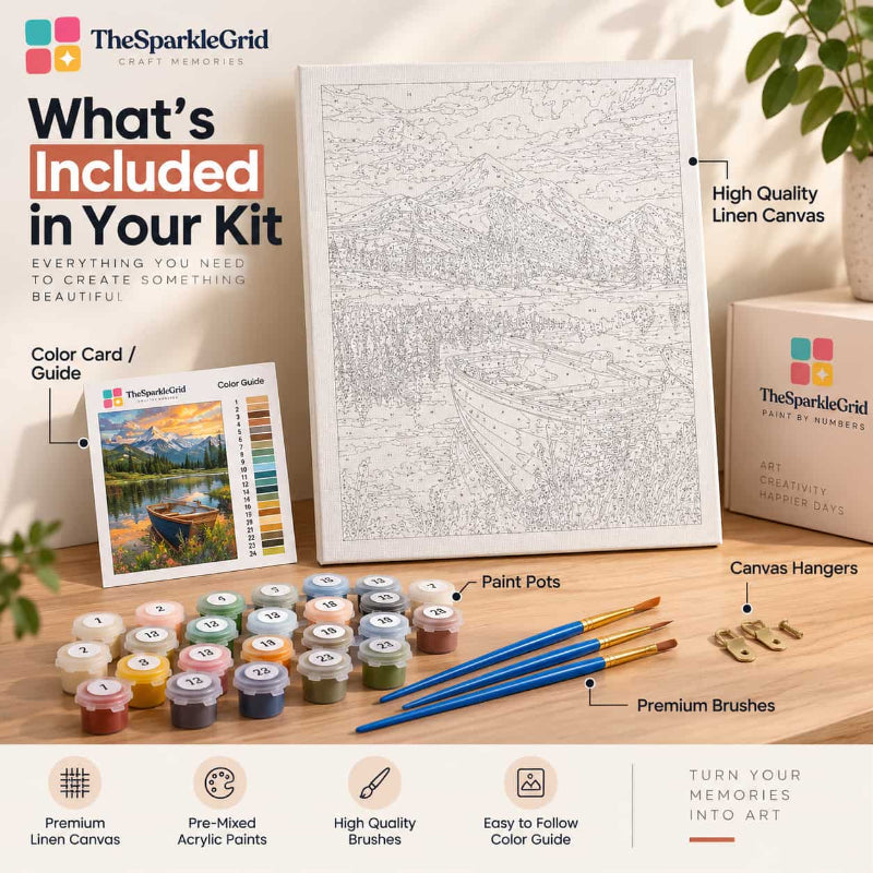 Everything included in a TheSparkleGrid Paint by Numbers kit