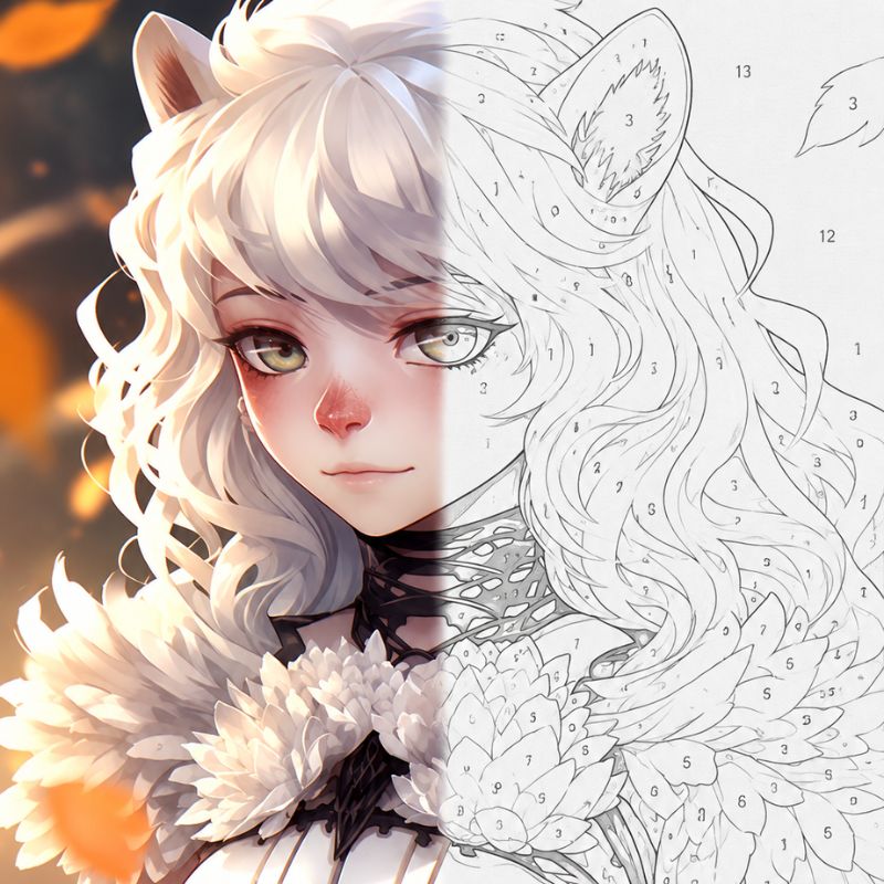 White-haired cat-eared fantasy girl artwork shown half as a finished colorful painting and half as a numbered paint by numbers canvas