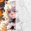 White-haired cat-eared fantasy girl artwork shown half as a finished colorful painting and half as a numbered paint by numbers canvas
