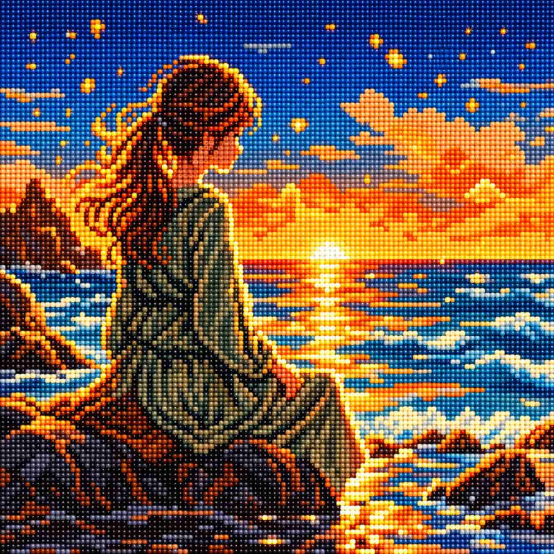 Diamond painting artwork of a woman sitting on seaside rocks and watching a golden sunset over the ocean, recreated with sparkling faceted resin diamonds.